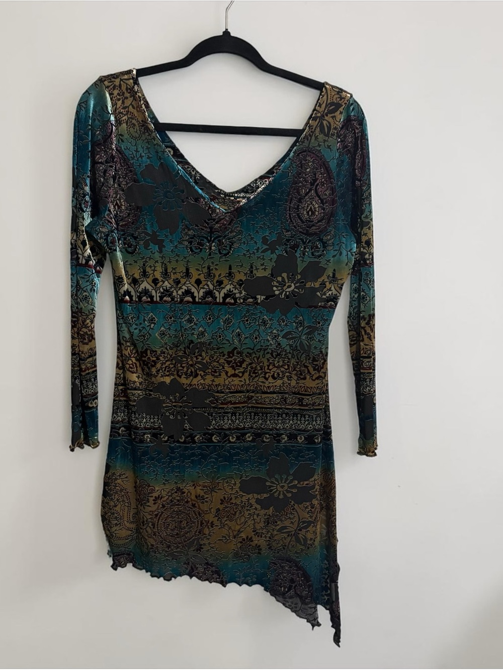 Long Sleeve High-Low V-Neck Dress in Teal and Olive